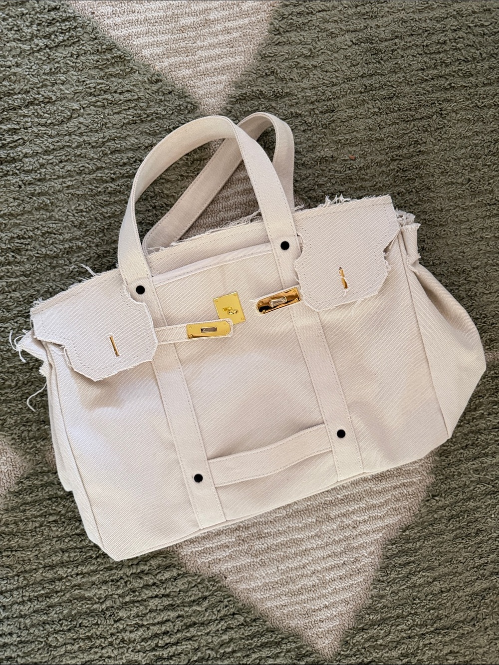 Canvas Tote Satchel with Gold Hardware - Cream